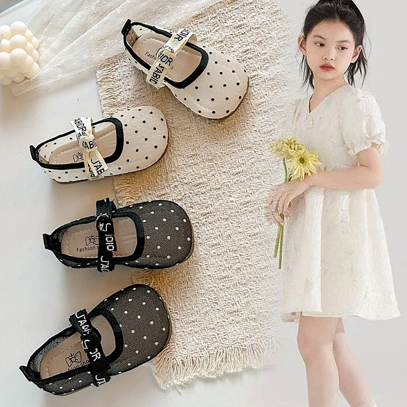 2026 Suitable Toddlers Medium Large Children Wedding Party Girls' Casual Shoes Polka Dot Mesh Princess Cute Bow Spring Summer