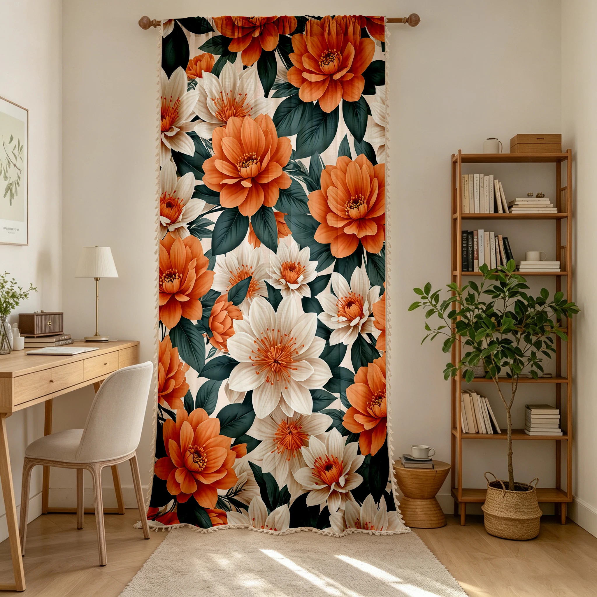 1PC Floral Tassel Sheer Curtains, Orange White Dahlia, Digital Print, Linen Polyester, Bedroom Living Room Kitchen, Home Decor