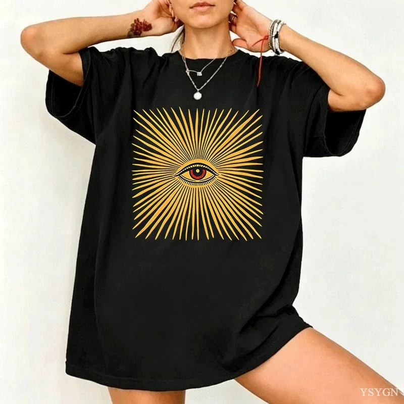 Boho Witchy T-Shirt Women All Seeing Eye T Shirt Womens Mens Short Sleeve Round Neck Printed T-shirt Crewneck Streetwear Tops