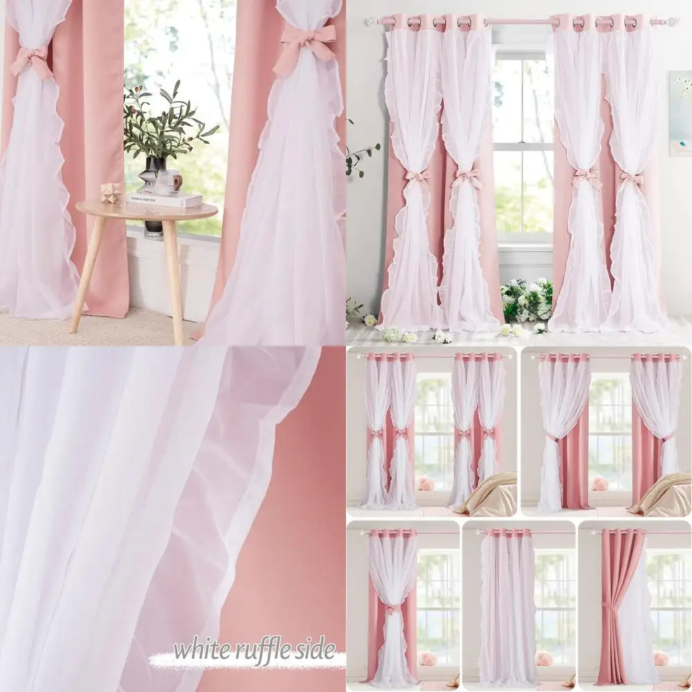 ブラッシュピンクの二重層リボンカーテン、シアーフリル付き、シャビーシックスタイル、52x84インチ、女の子の寝室用2枚セット