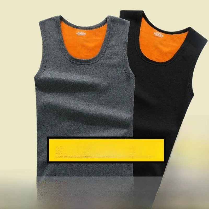 Men's Gold Velvet Fleece Lined Thickened Sleeveless Vest Warm Underwear Autumn Winter round Neck Knitted Vest Youth Casual Wear