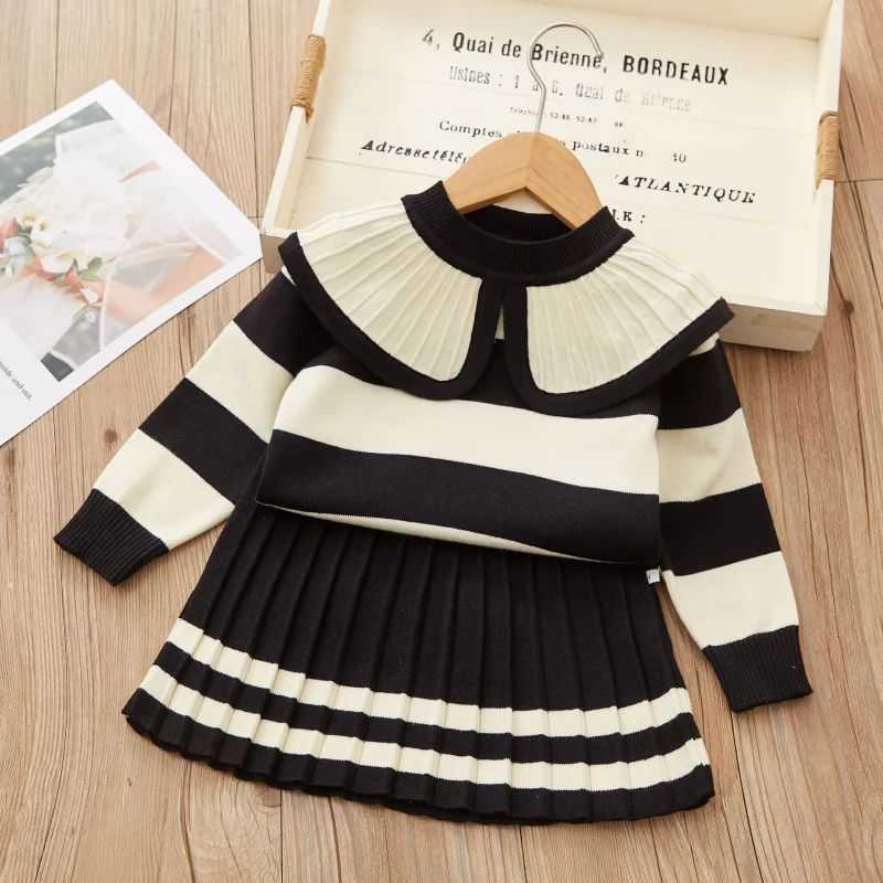 

Children's Two-Piece Set Girls' Autumn Winter Outfit Striped Knit Sweater Baby Doll Collar Pleated Skirt Set Trendy