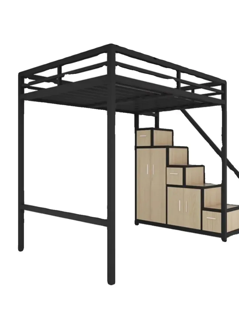 Nordic Multifunctional Elevated Bed with Storage Wardrobe Dormitory Apartment Bed Wrought Iron Loft Bed