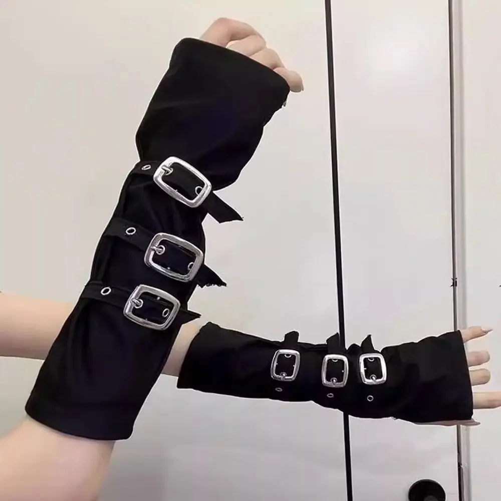 Y2K Black Fingerless Gloves Buckle Design Gothic Punk Style Elbow Gloves Hip Hop Party Exaggerated Metal Button Gloves Unisex