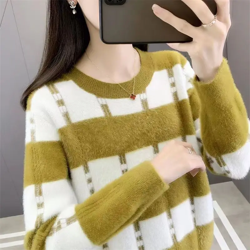 

New Style Autumn and Winter Women's Color Block O-Neck Long Sleeves Loose Knitted Pullovers Sweater Fashion Casual Commute Tops