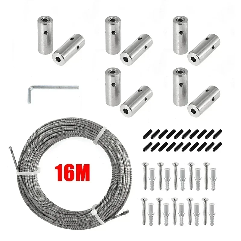 

10Set Wall Wire Trellis Kit for Climbing Plants Outdoor Indoor 16M 1/8" Metal Ropes Green Wall Stainless Steel Hubs Cable System