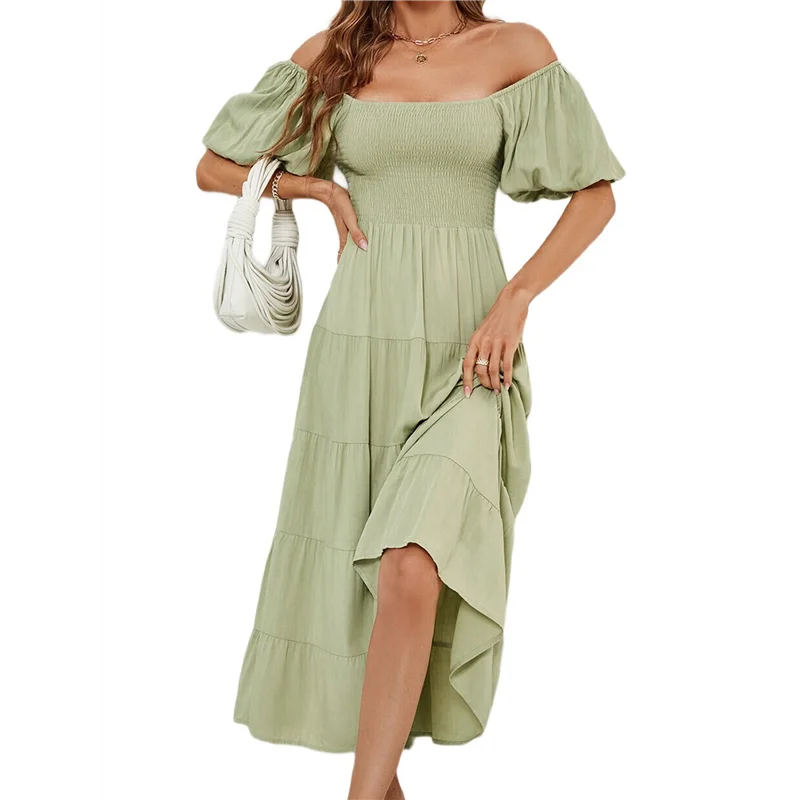 ผู้หญิงฤดูร้อนสบายๆชุด Midi Puffy แขนสั้นสแควร์คอ Smocked ฉัตร Ruffle ชุด