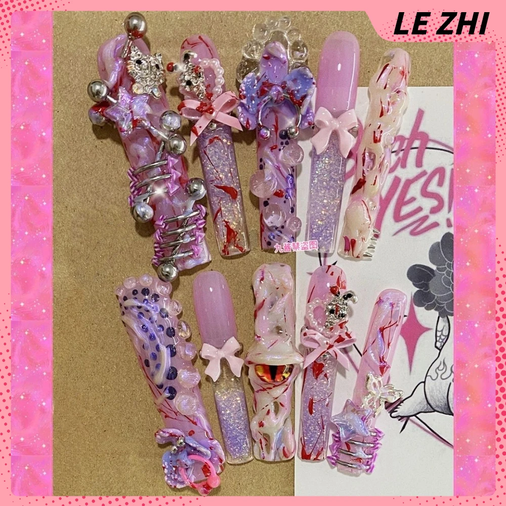 

10Pcs Y2K Spice Girl XL Long Square Handmade Press On Nails Bowknot Eyes Diamond Pentagram Water Drop Pearl Purple Glitter Nail