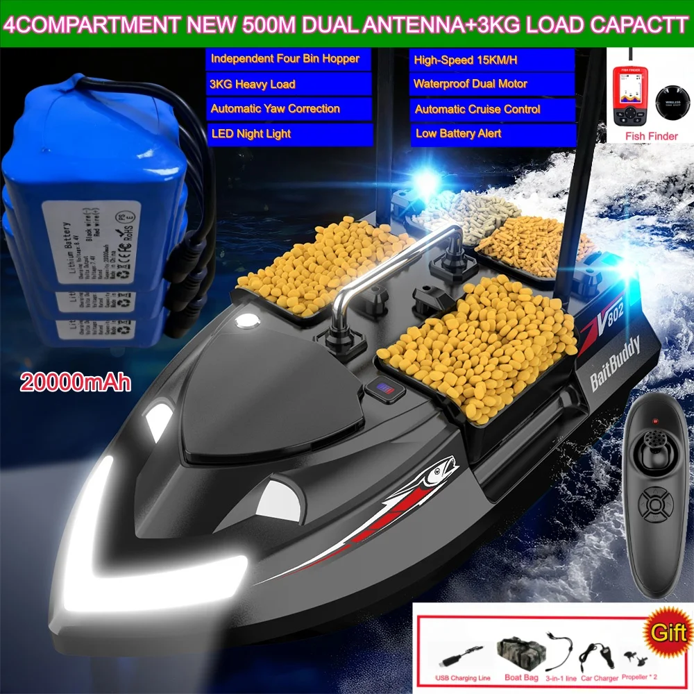 Large Independent 4 Hopper Smart 500M High Speed Remote Control Bait Boat 3KG Load Dual Antenna Fixed Speed Cruise RC Fish Boat