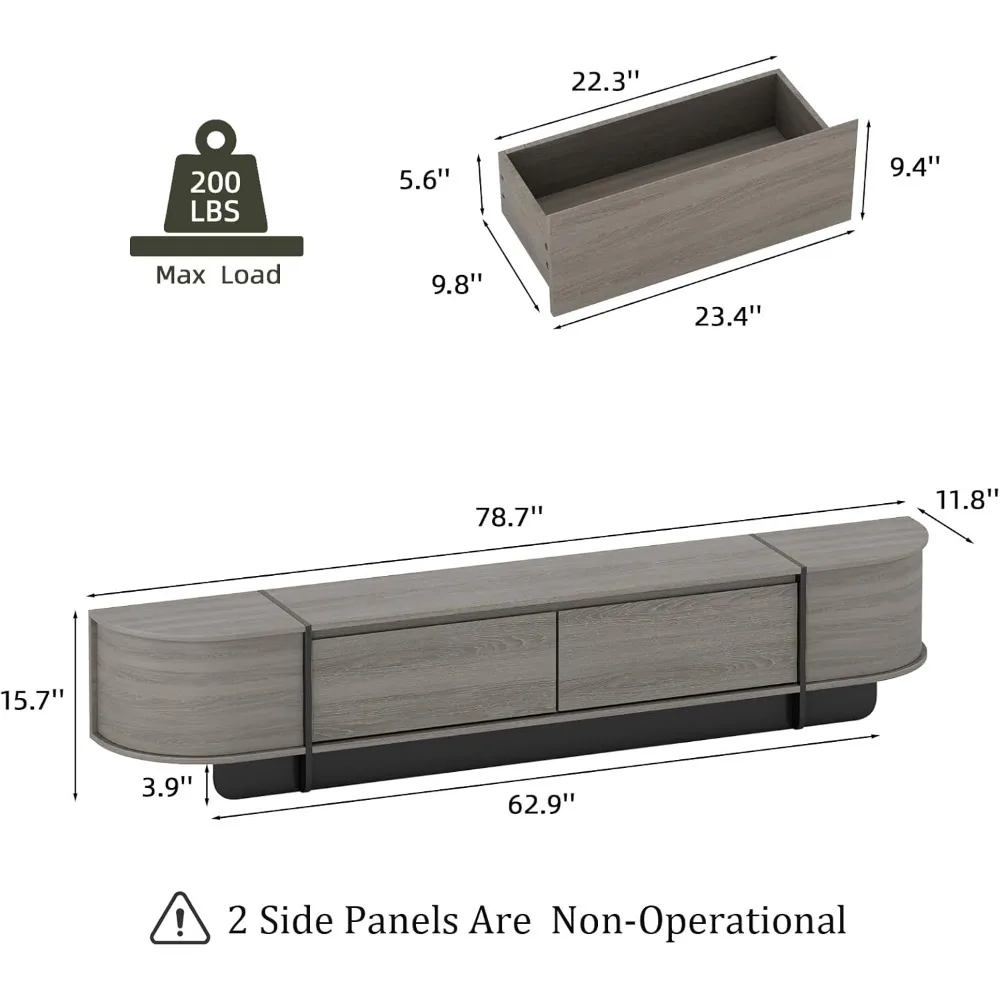 مركز ترفيه حديث كبير للتخزين لأجهزة التلفاز مقاس 55-85 بوصة، وحدة تحكم تلفزيون خشبية طويلة مع أدراج، تصميم منحني