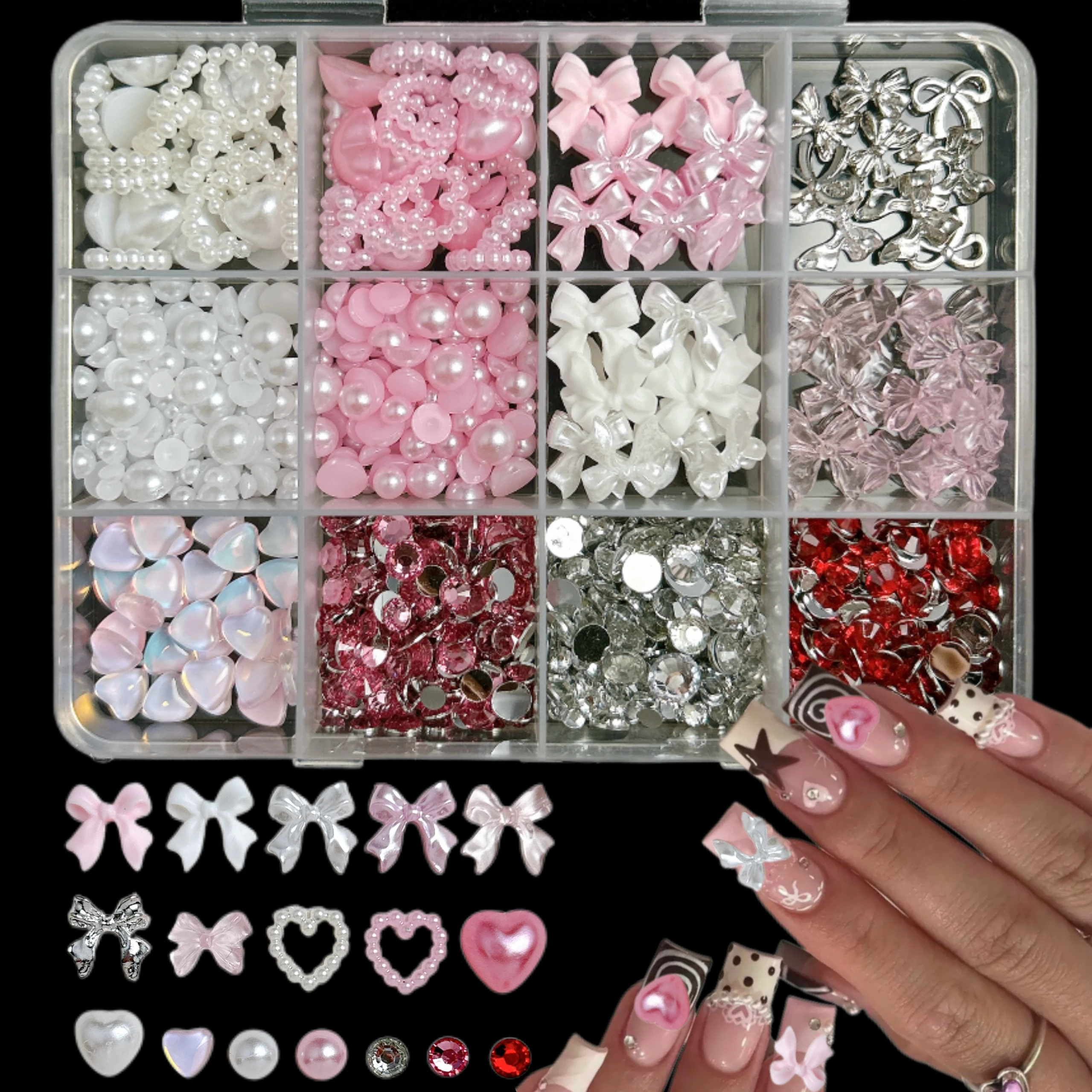 1 صندوق مقلد فلاتباك اللؤلؤ الراين مسمار السحر الحلو القوس القلب زهرة سبيكة فراشة مسمار الفن زينة DIY أجزاء الأظافر