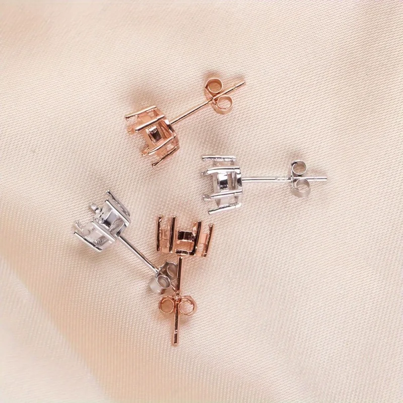 1Pair 4-8MM Round 6 Prong Rose Golden And Silvery Solid 925 Sterling Silver Studs Earrings Settings DIY Jewelry Supplies