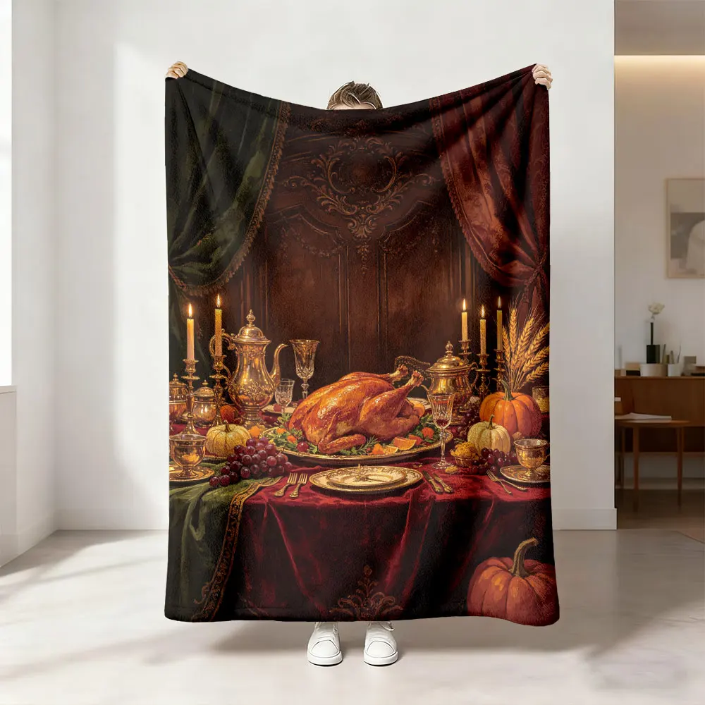 1pc Retro Thanksgiving Turkey Dinner Scene 230g Flannel Blanket, Soft Cozy Throw Blanket For Sofa Lounge And Daily Nap