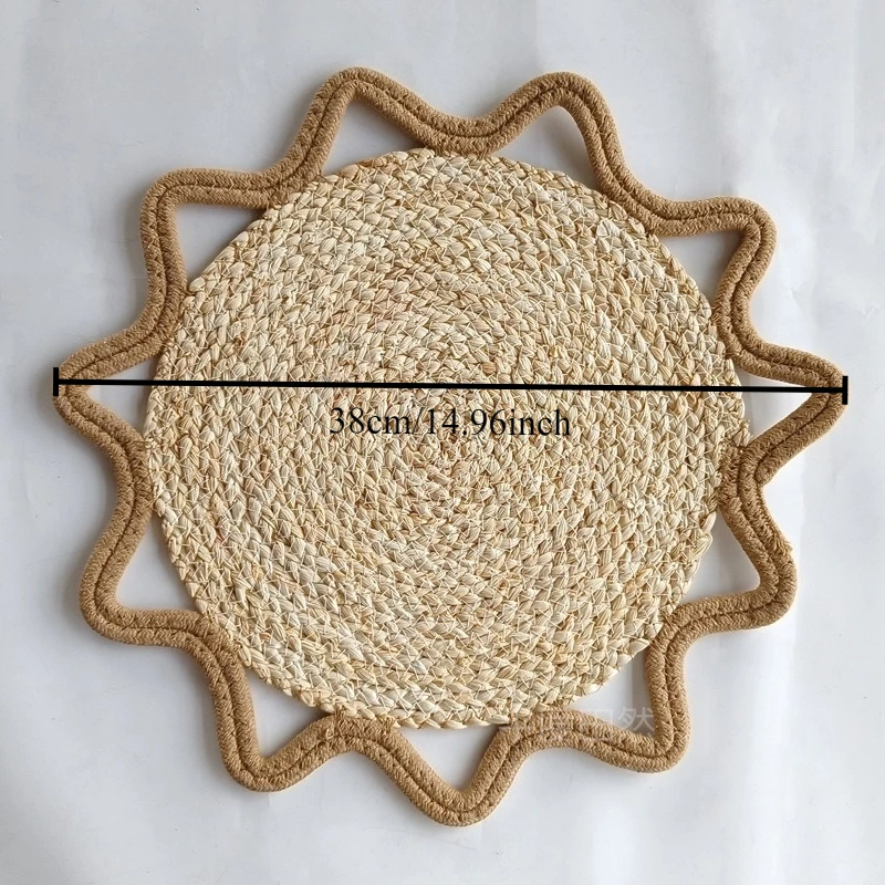 Woven Water Hyacinth Corn Husk Placemat Rural Style Braided Table Mat Cotton Rope Edge Coaster Floral Decorative Pad