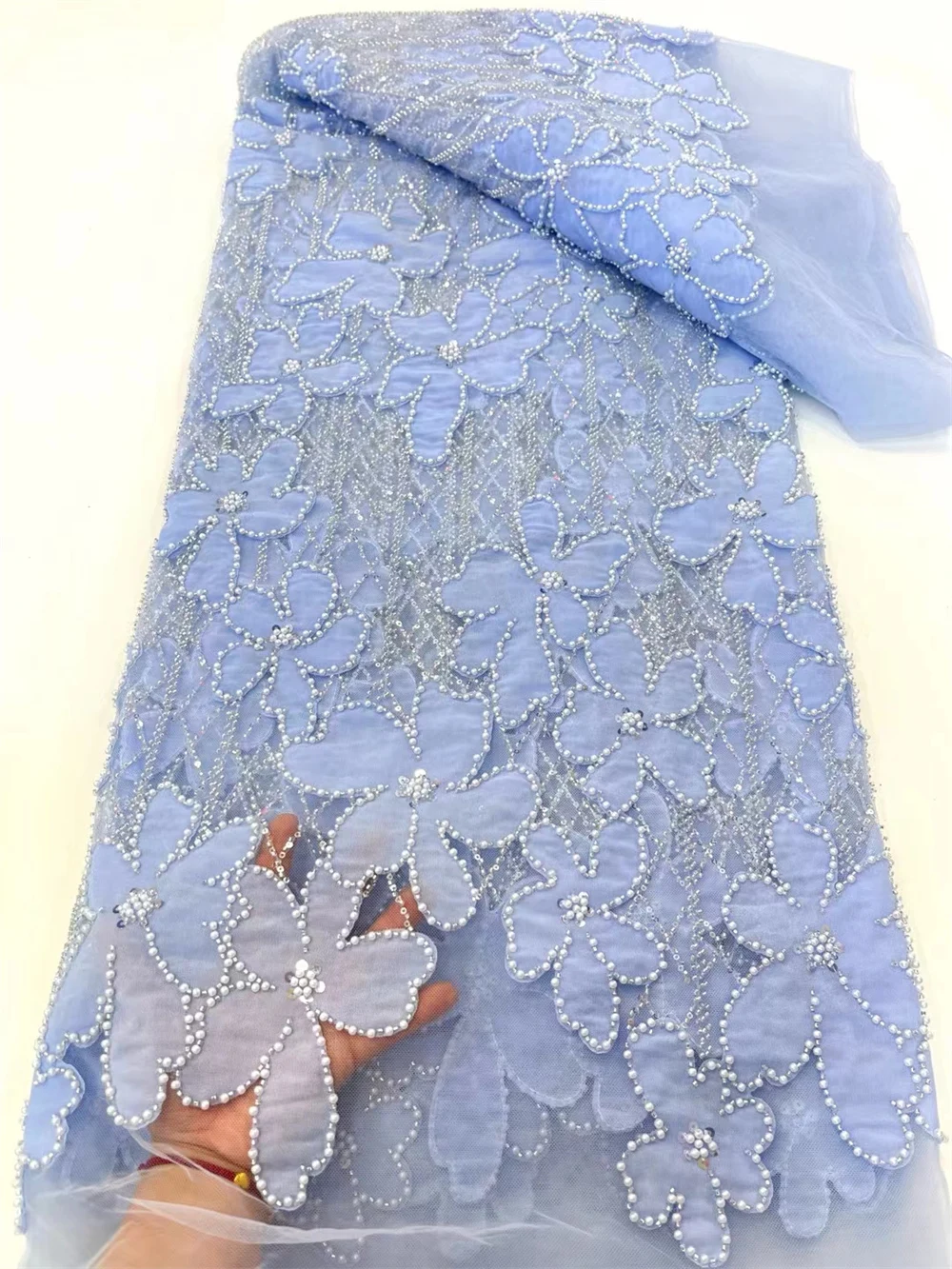 

Blue Luxury French Beaded Tulle Lace Fabric Fashion Feather Tail African Net Lace Fabrics With Sequins For Evening Material