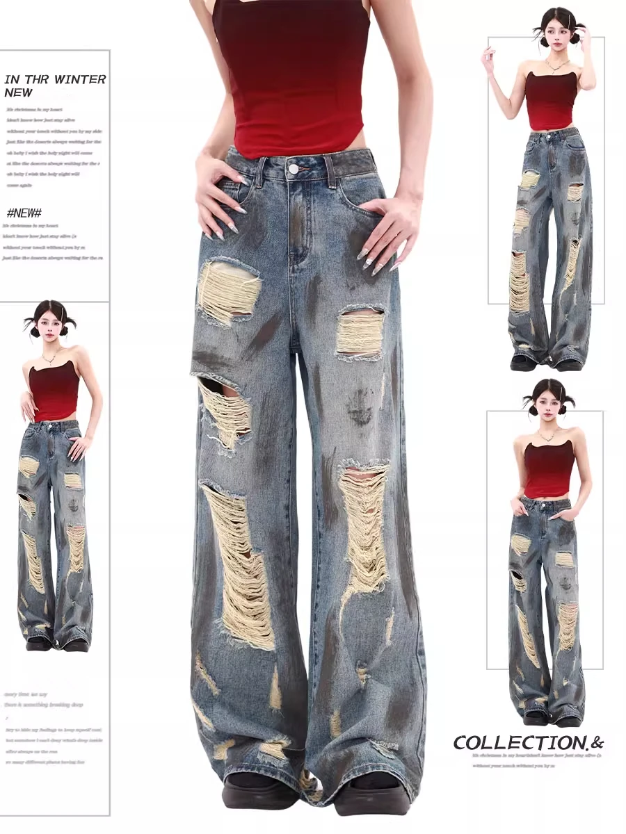 

Retro American Tie Dye Denim Jeans Women High Waist Wide Leg Straight Cut Torn Washed down Casual Blue Jeans Summer New