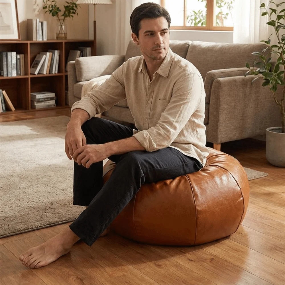 Versatile Round Pumpkin Pouf Cover Large Capacity Decorative Seat Cushion Cover Leather Footstool Cover Lounge