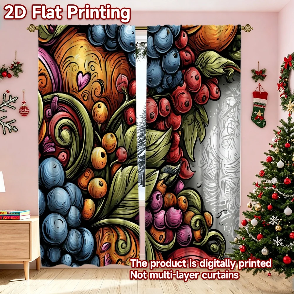 2D flat printing 2pcs High-Quality Christmas Curtains Colorful Fruits and Leaves Digitally printed polyester, colorfast Festive