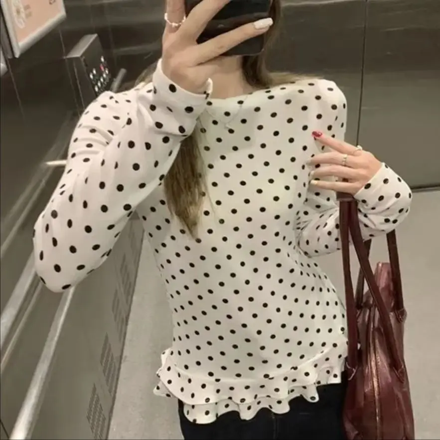 Ruffle O-Neck Dot T-Shirt Women Y2k Chic Korean Style New Trim Long Sleeve Polka Thin Interior Top Sweet Shirts Women Clothes