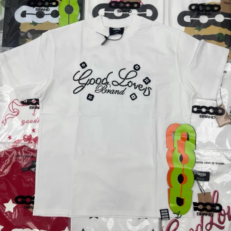Summer Casual Short Sleeve GOODBAND Tshirts High Quality 3D Embroidered Flower Slogan GOOD LOVES Round Neck Tops Men Women