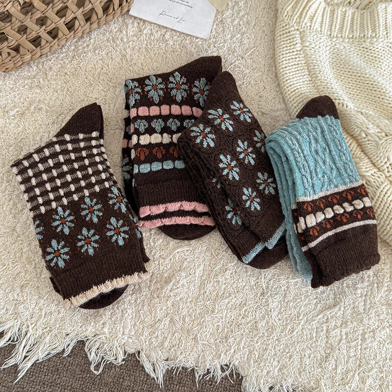 الجوارب الرجعية للنساء جديد الخريف الشتاء الكورية نمط الأزهار الجوارب تنفس عادية طويلة الدافئة الجوارب السميكة مضحك جودة عالية #4