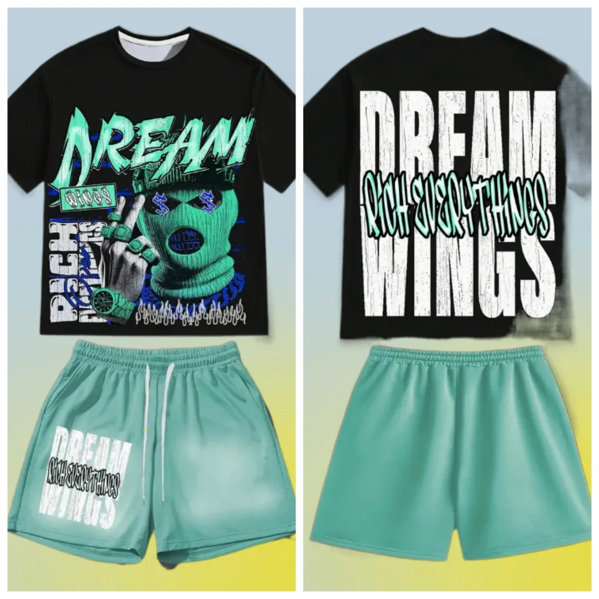 

Men's Quick Dry Comfortable Fashion Loose Fit Breathable T-Shirt and Shorts Set Streetwear Hip Hop Graphic Print Summer Outfit