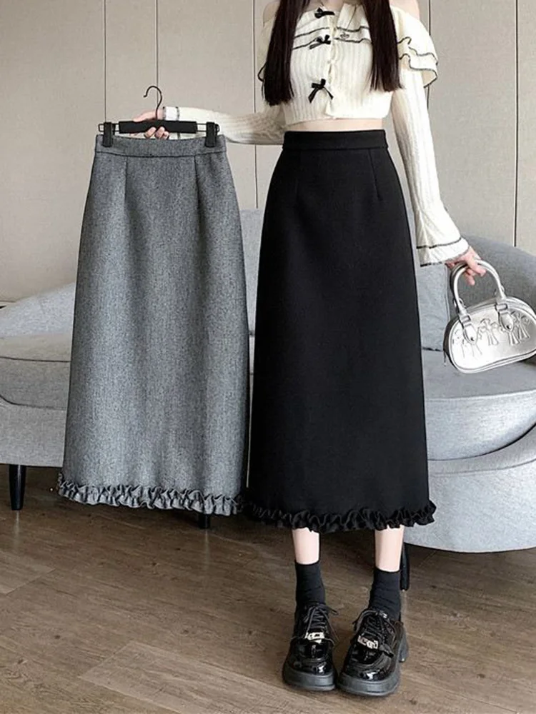 

Slim Faux Woolen Long Skirt Women Vintage High Waist Preppy Style Sweet Skirts Fall Winter Retro Elegant Female Back Slit Skirt