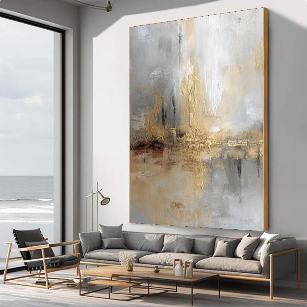 

Large abstract gray and gold foil wabi sabi canvas painting, minimalist texture wall decoration, modern home decoration