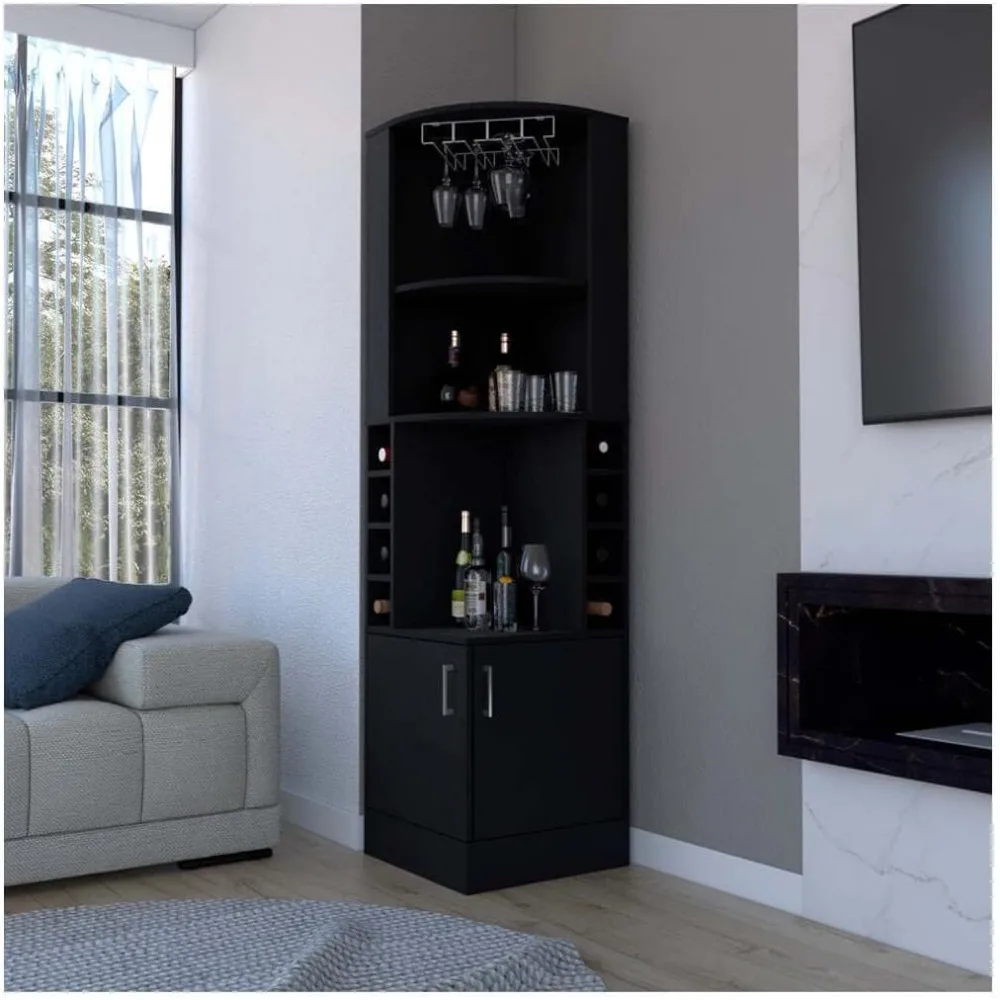 Corner Bar Cabinet Modern Home Bar Storage with Wine Rack Black Finish