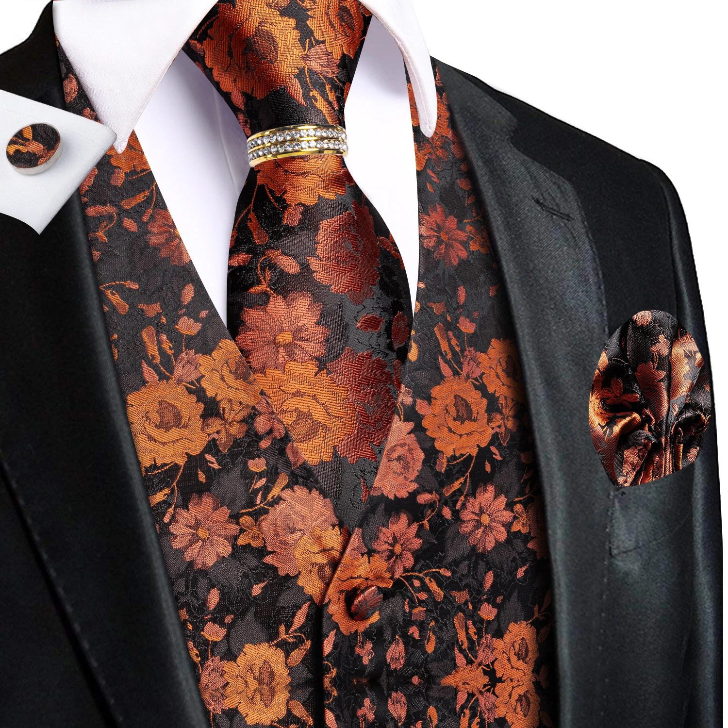 Pocket Square Set - Black Brown Floral Mens Waistcoat 5Pcs
