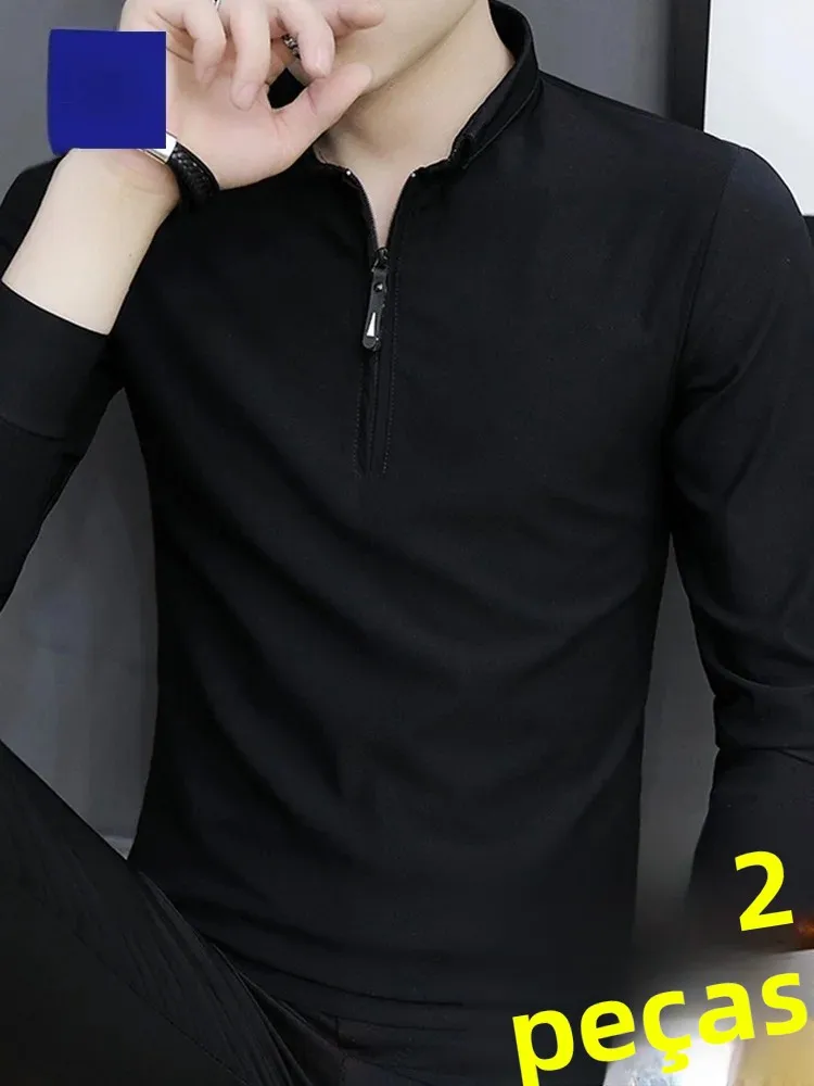 Camiseta Masculina de Manga Longa Romon, Casual, com Gola com Zíper, Estilo Novo para Primavera e Outono, Camisa  Fashion...