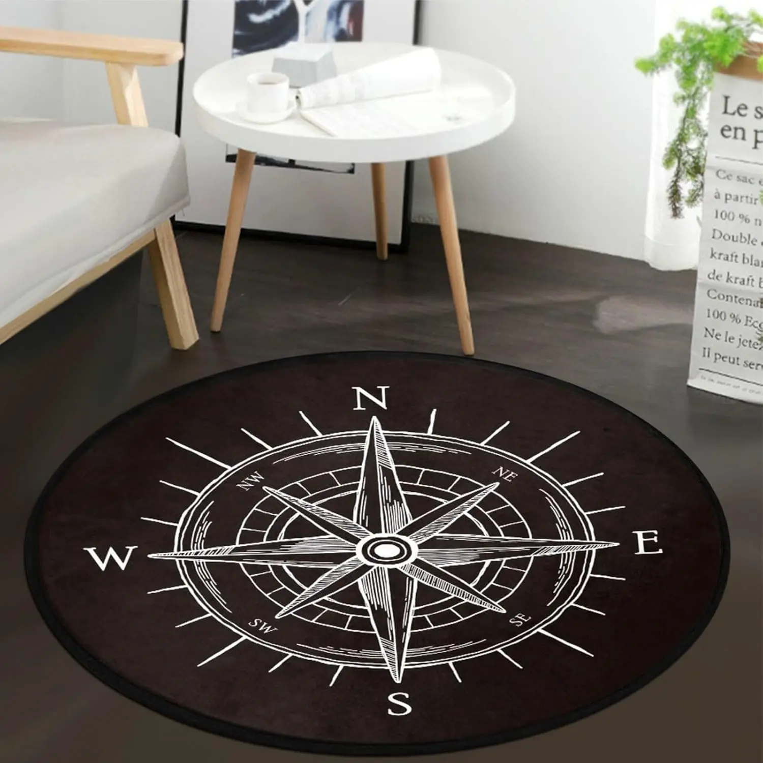 Vintage Compass Non-Slip Doormat Nautical Theme Non-Slip Floor Mat Round Area Rug Carpet for Bedroom Living Room Study Playing