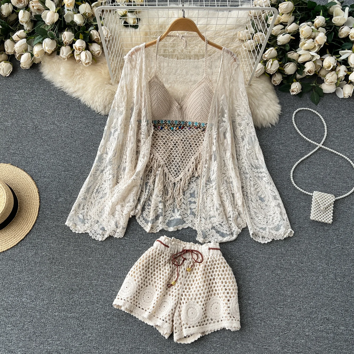 Summer New Sle Lace Embroidery Hollow out Ne Hanging Braid Top orts Tee Piece Set Women's Faionable Holiday Theme