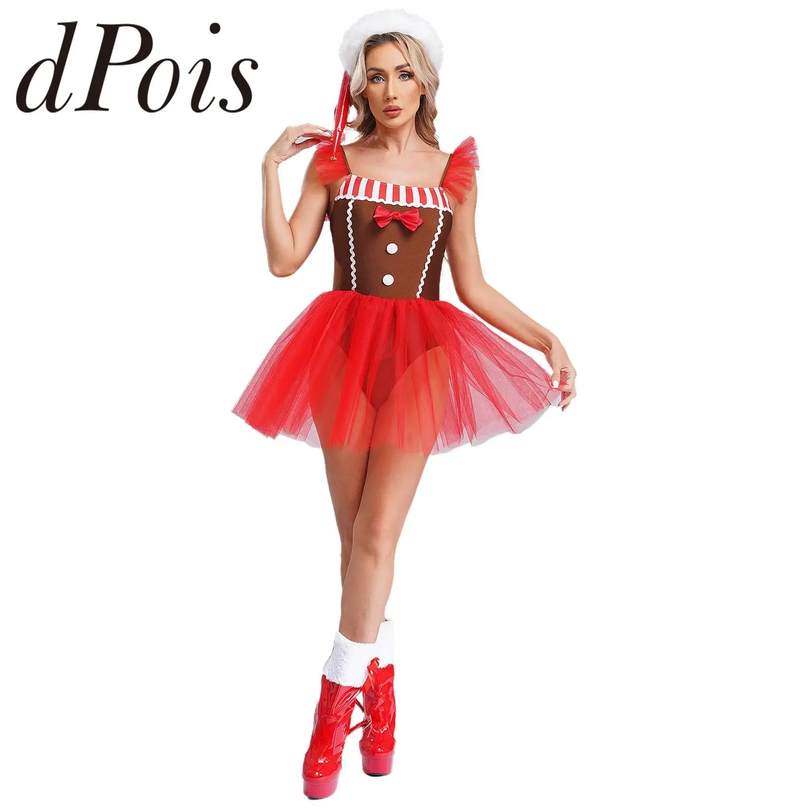 Women Christmas New Year Gingerbread Costume Bowknot Striped Mesh Tutu Dress Cosplay Bodysuit Xmas Cookie Man Role Play Clothes