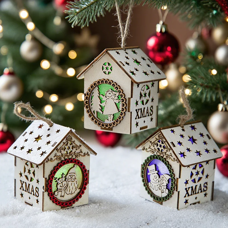 

LED Christmas Tree Ornament Wooden Cabin Hanging Decor with Color Lights for Home Navidad 2025 New Year's Eve Party Decoration