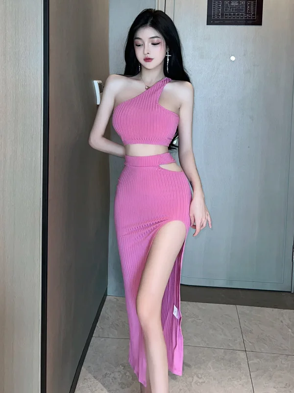 Sexy Diagonal Shoulder Hollow Tank Top Short Top Split Irregular Dress Elegant Fashion Korean Women Dresses 2023 Rose Red  5OLJ