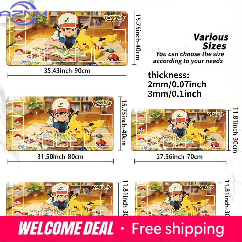 Pokemon Ash & Pikachu Reading Time TCG Playmat with Zones, Non-Slip Card Game Mat Multi-Size