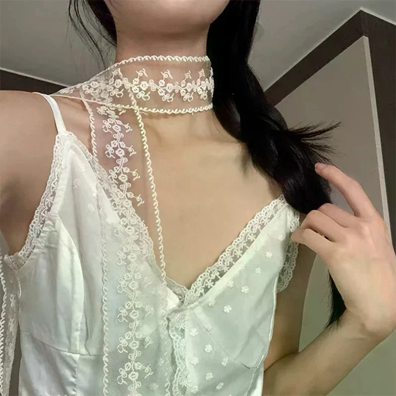 Sweet Flower Lace Neck Strap Dressing Decoration Korean Style Hair Band Neckerchief Transparent Long Ribbon Head Scarf