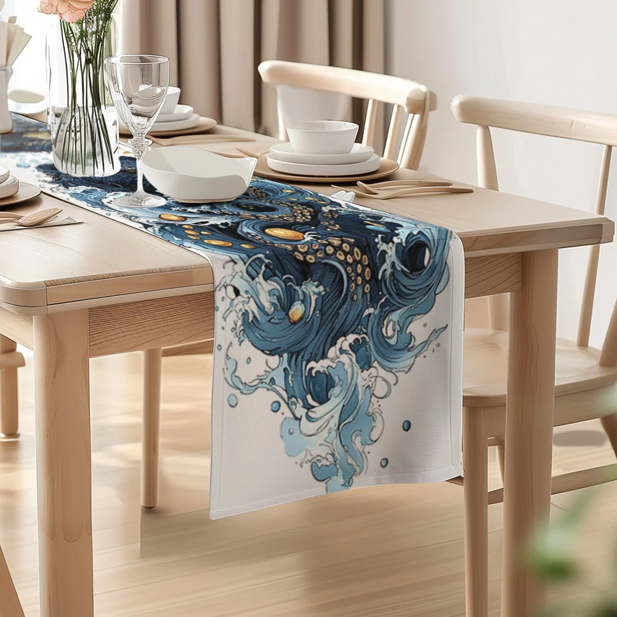 print table runner Bear and Octopus Ocean Wave Vintage Style Table Flag dressing table flag for Kitchen & Home, Housewarming Gif