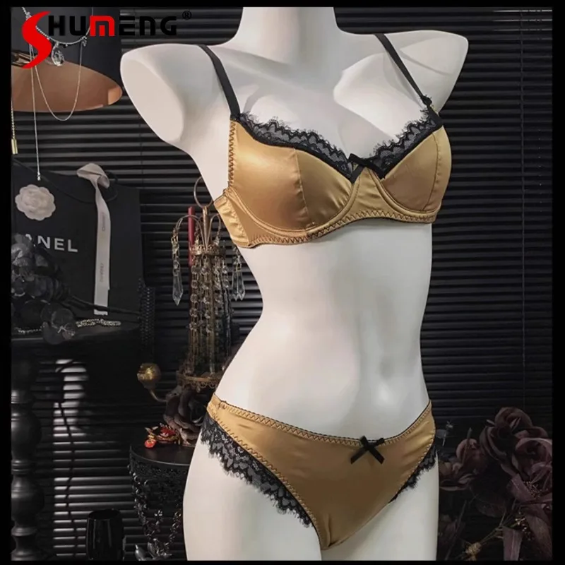 French Satin Lace Bra Set for Women Chest Push Up Anti Sagging Sexy Intimates Outfits Female All Seasons Big Chest Brief Suits