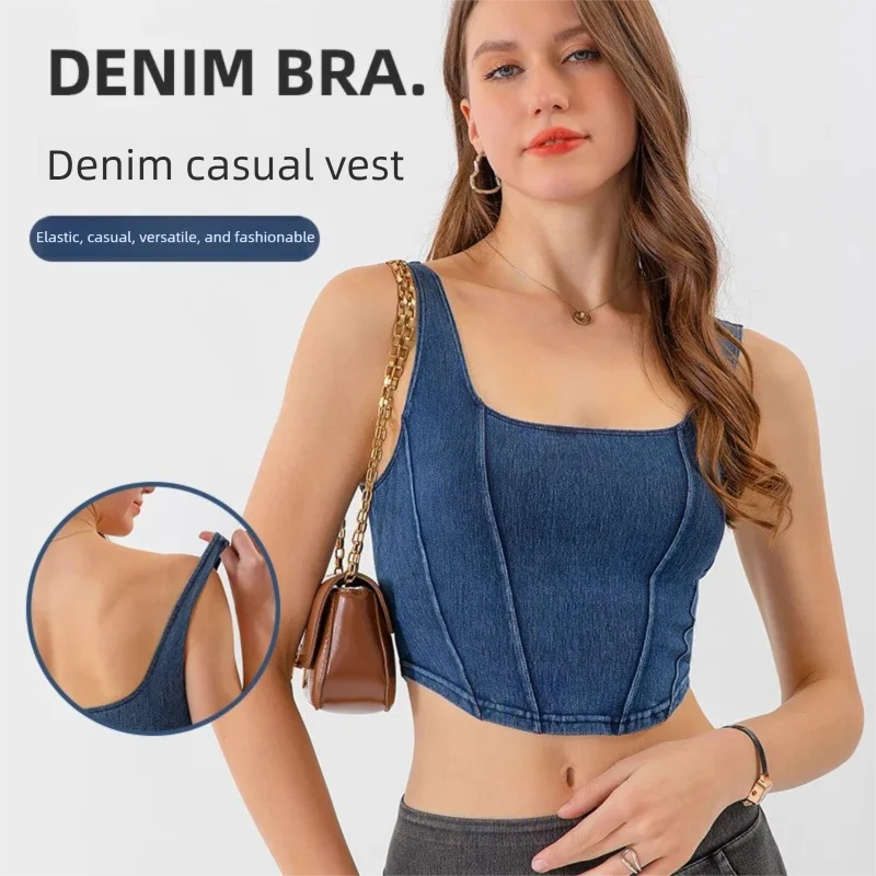 New Denim Yoga Sports Tank for Women, U-Shape Stretch Slimming Back, Quick-Dry Gym Top for Wearing Out