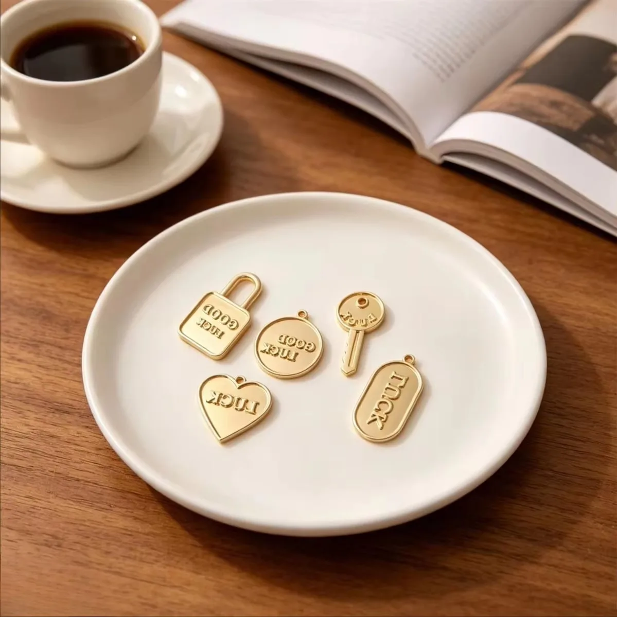 Brass 14K Gold Plated Lock Key Heart Joker Tag Pendant GOOD LUCK For DIY Fashion Jewelry Making Findings