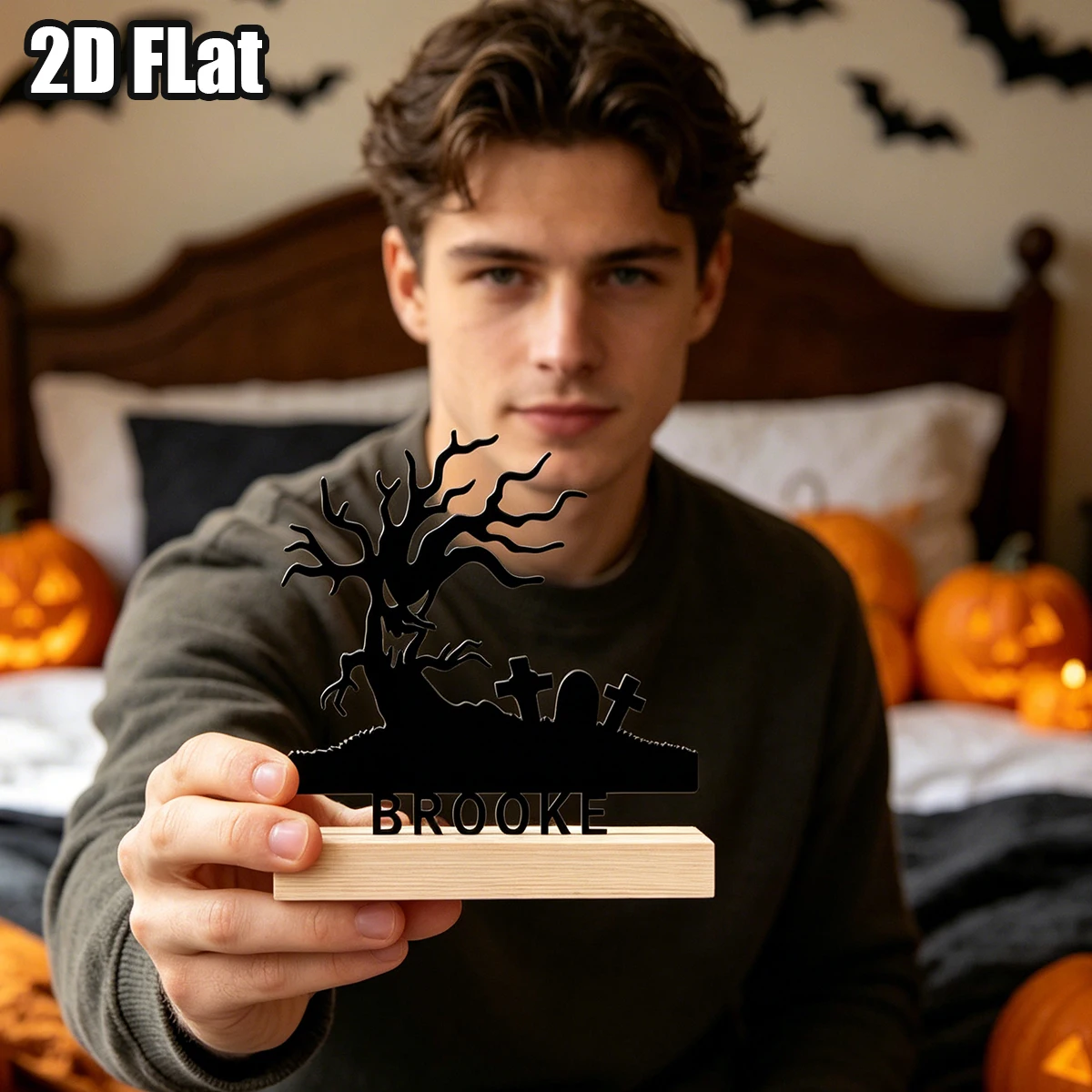 1Pc Custom Halloween Devil Tree Wooden Base Metal Ornament,Home Room Desktop Decor,Ideal Birthday Wedding Halloween Festive Gift