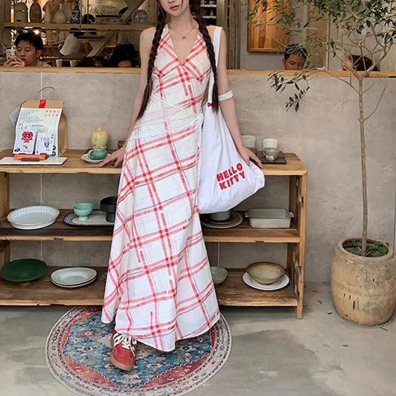 

French Style Plaid Dresses Women's Clothing Vintage Sleeveless Summer Elegant V-Neck Fashion Patchwork A-Line Waist Long Dress