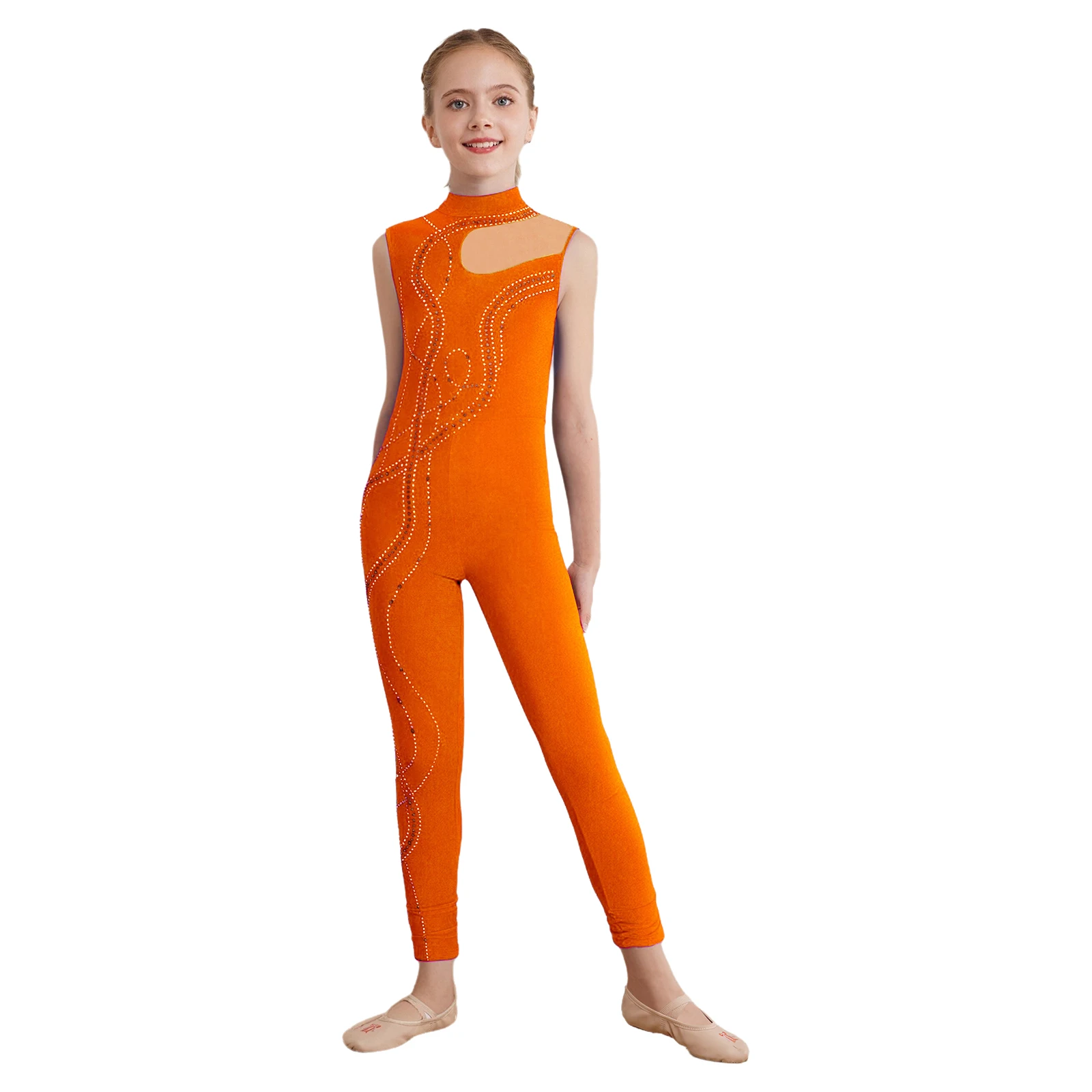 

Kids Girls Gymnastics Ballet Dance Workout Jumpsuit Shiny Rhinestones Sleeveless Keyhole Back Sheer Mesh Full Body Bodysuit