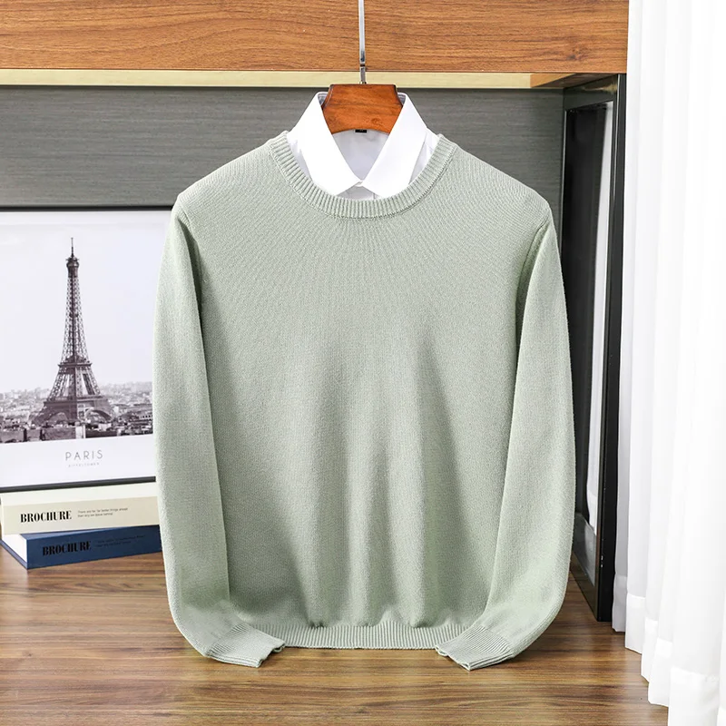 New 100% Pure Cotton Sweater Men\'s Autumn Winter O-Neck Pullover Business Casual Base Shirt Knit High-Grade Warm Male Jumper