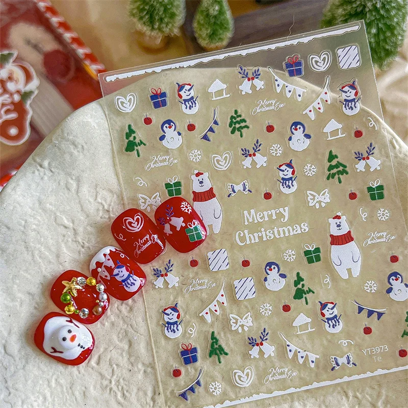 1 Sheet Christmas Nail Stickers Adhesive Nail Decals With Christmas White Bear Snowman Cartoon Cute Nail Decoration Salon Supply