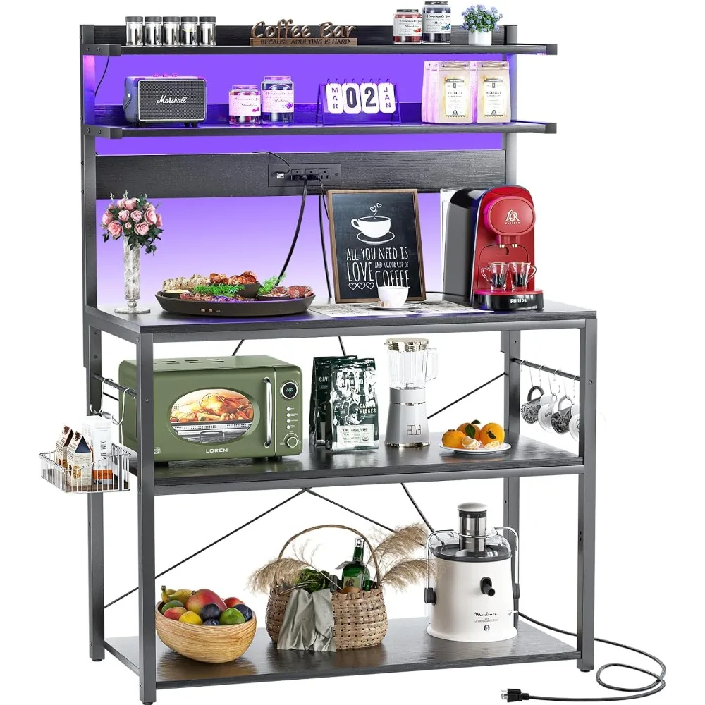 

Bakers Rack with Power Outlet, Microwave Stand, 5 Tiers Coffee Bar Station with Led Lights, Kitchen Storage Shelf with
