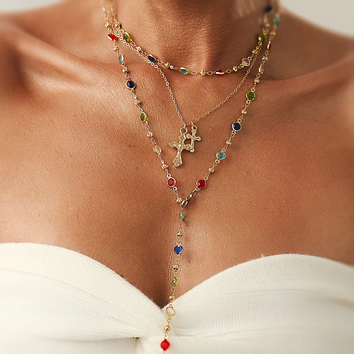 Rhinestone Cross Pendant Necklace Long Chain Minimalist Cold Style Stackable Layered Versatile Daily Jewelry for Women
