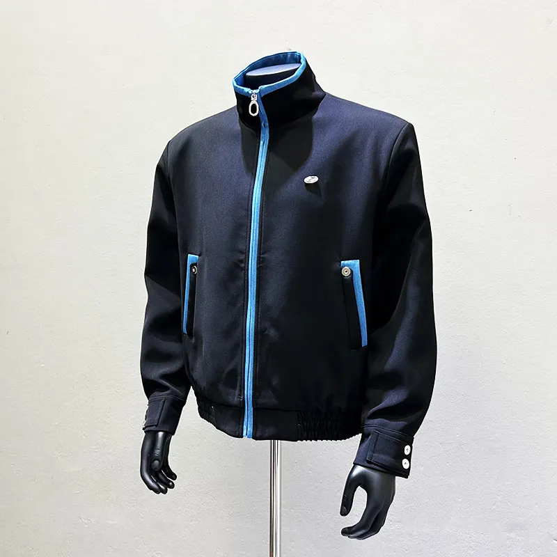 Men's Color Block Stand Collar Utility Jacket with Sporty Zip Front for Alternative Fashion and Creative Performance Wear